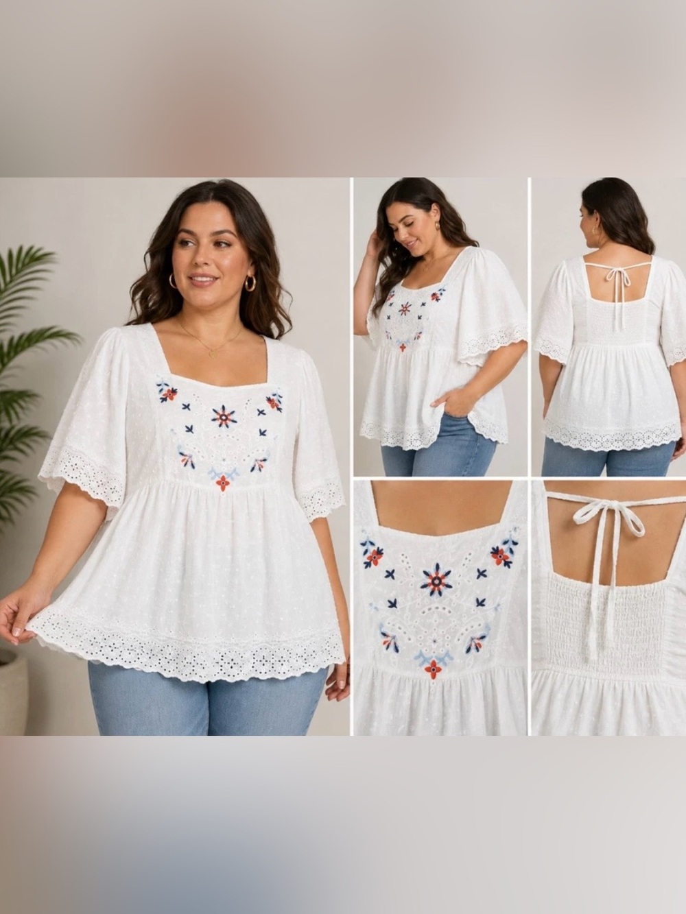 Old Navy Textured Swiss-Dot Flutter-Sleeve Tie-Back Top White & Blue XXL